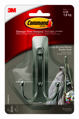 Command Double Hook, Decorative, Brushed Nickel, Large