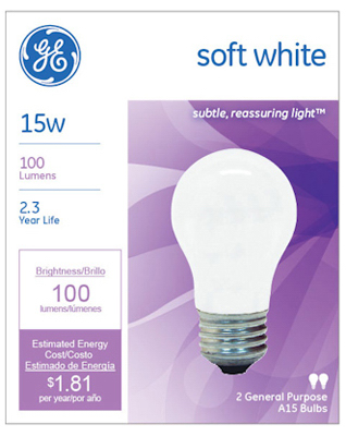 GE 2Pk 15A/W Soft White Bulbs