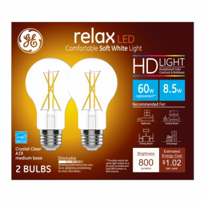 GE 2pk 8.5 SW Glass A19 LED Bulb