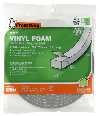 Frost King V444H Foam Tape, 3/8 in W, 17 ft L, 1/4 in Thick, Vinyl, Gray