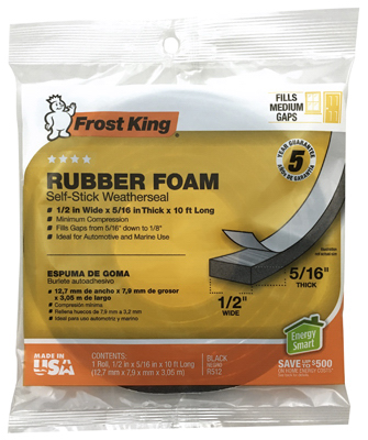 Frost King R512H Weatherseal Tape, 1/2 in W, 10 ft L, 5/16 in Thick, Rubber