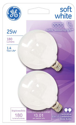 GE 2PK 25W G16 White Globe Bulb