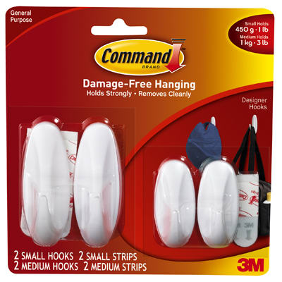 Command 17081-2VP Designer Hook, 3 lb, 4-Hook, Plastic, White