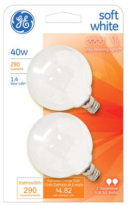 GE 2PK 40W G16 White Globe Bulb