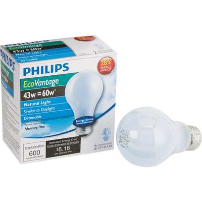 2PK 43W HALOGEN A19 BULB