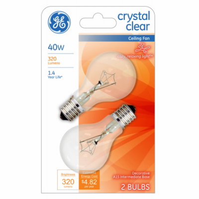 40A15N/C 2PK 40W Ceil Fan Bulb