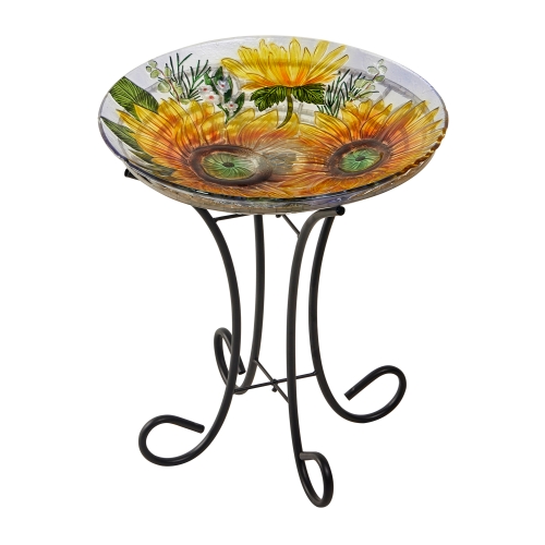 Bird Bath 18" Glass Top Sunflower With Stand