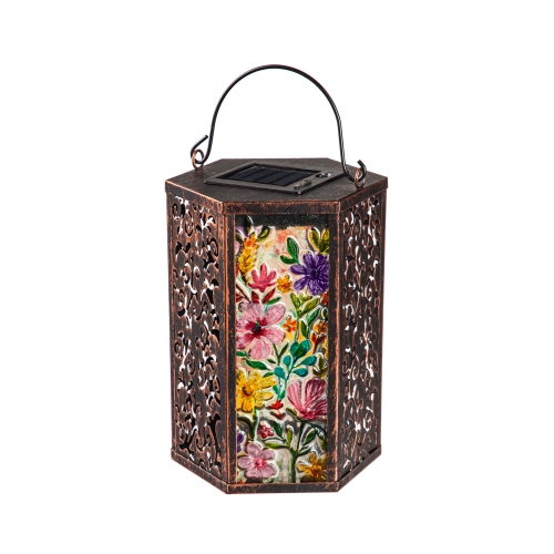 Solar Lantern Floral Glass Mtl