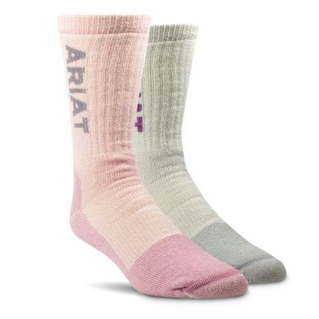 Ariat Sock Midweight Merino Blend for Steel Toe Crew Pink & Oatmeal MD 2pk