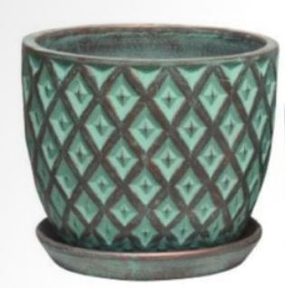 Pot Diamond w/saucer 13" Patina