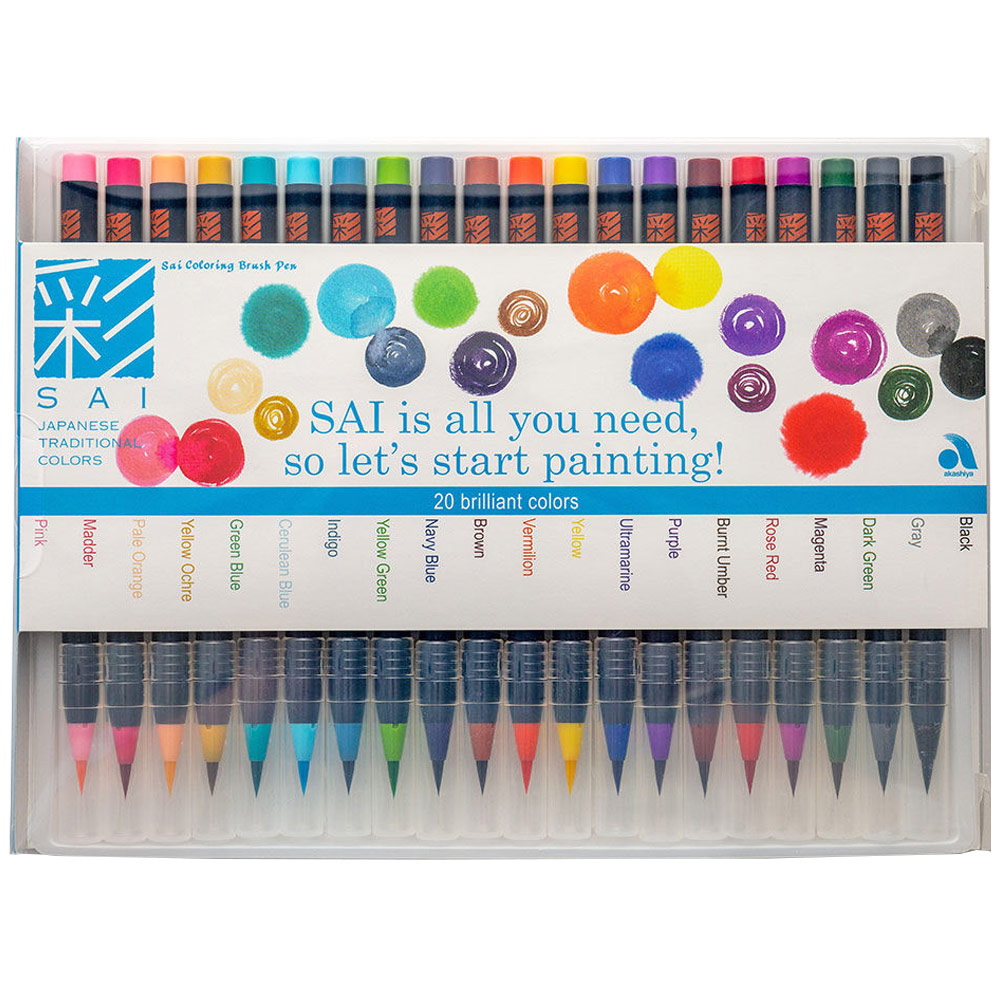 Akashiya SAI Coloring Brush Pen 20 Set Brilliant Colors