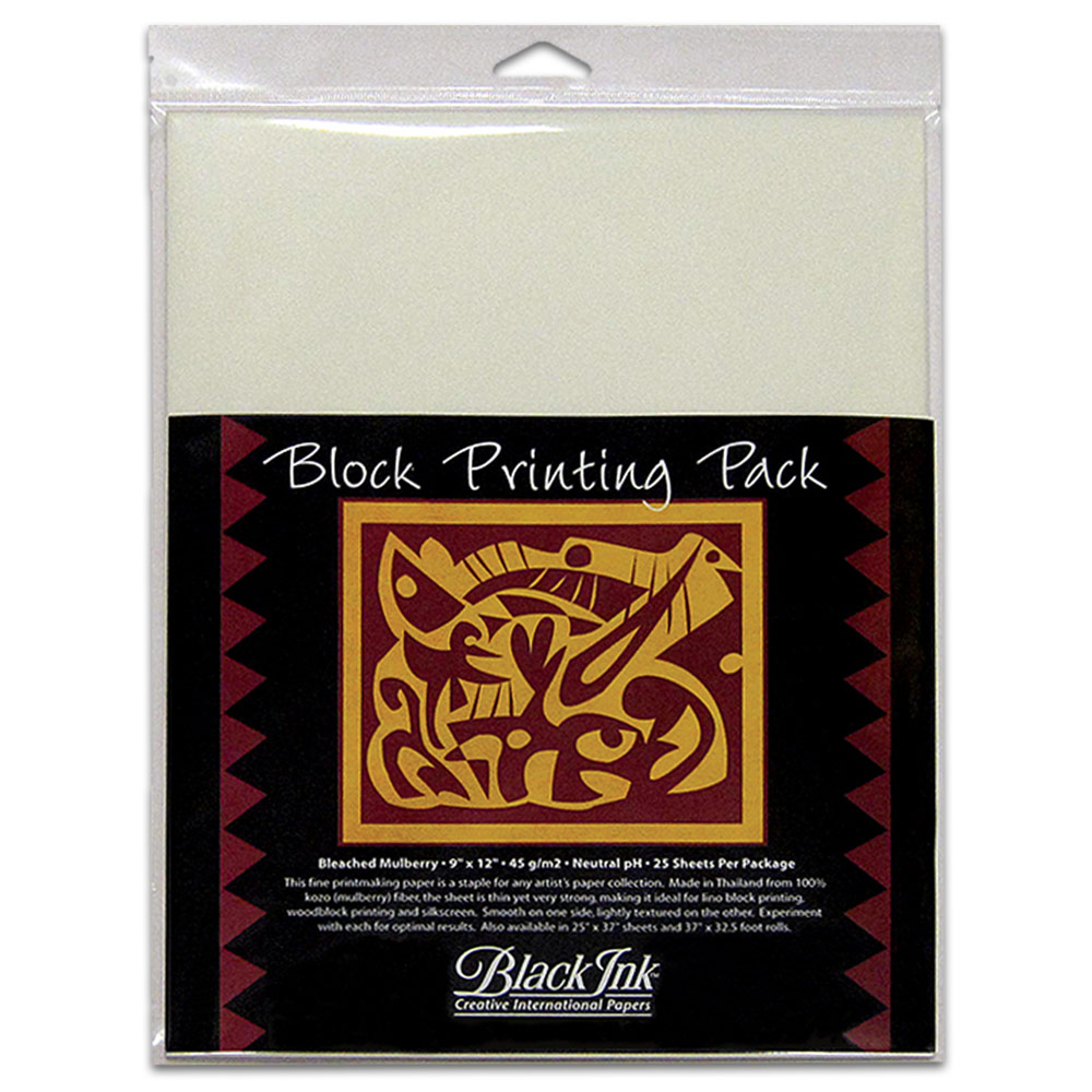 Black Ink Block Printing Paper Pack 25 Sheets 9"x12" Bleached Mulberry