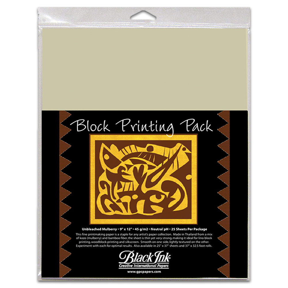 Black Ink Block Printing Paper Pack 25 Sheets 9"x12" Unbleached Mulberry