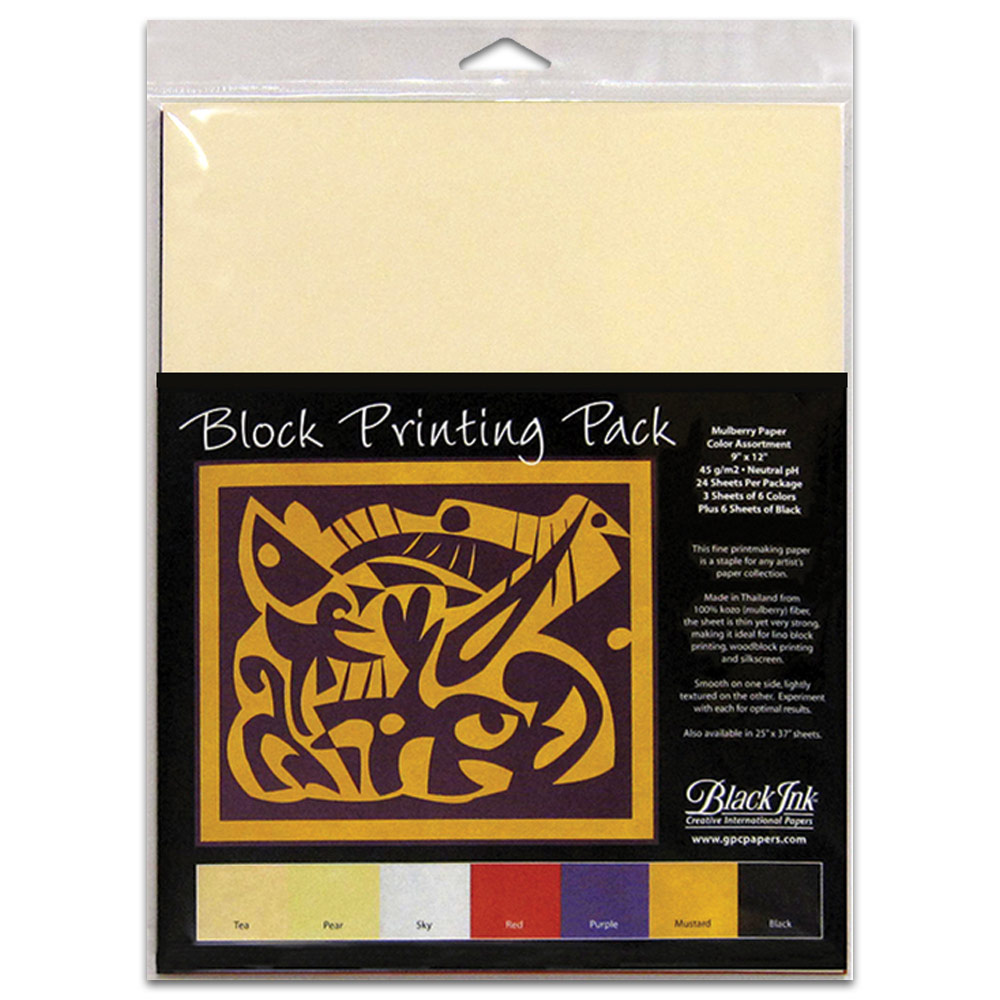 Black Ink Block Printing Paper Pack 25 Sheets 9"x12" Assorted Colors