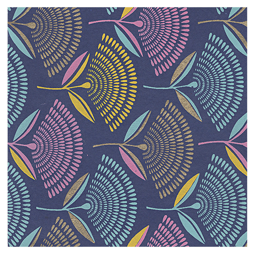 Black Ink Indian Fan Flowers Paper 22"x30 Pink/Aqua/Gold/Yellow on Royal