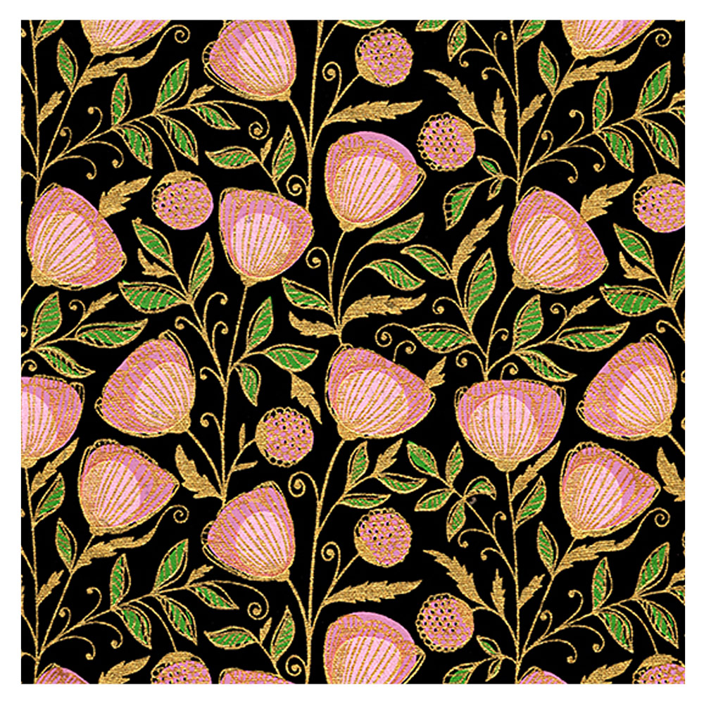 Black Ink Indian Think Pink Floral Paper 22"x30" Pink/Green/Gold on Black