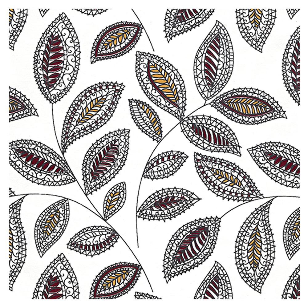 Black Ink Indian Leaf Doodles Paper 22"x30" Multicolor/White