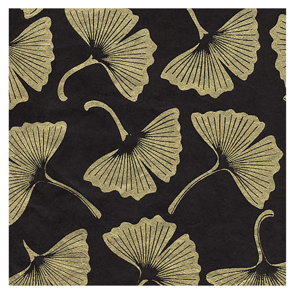 Black Ink Gingko Leaves Lokta Paper 20"x30" Gold On Black