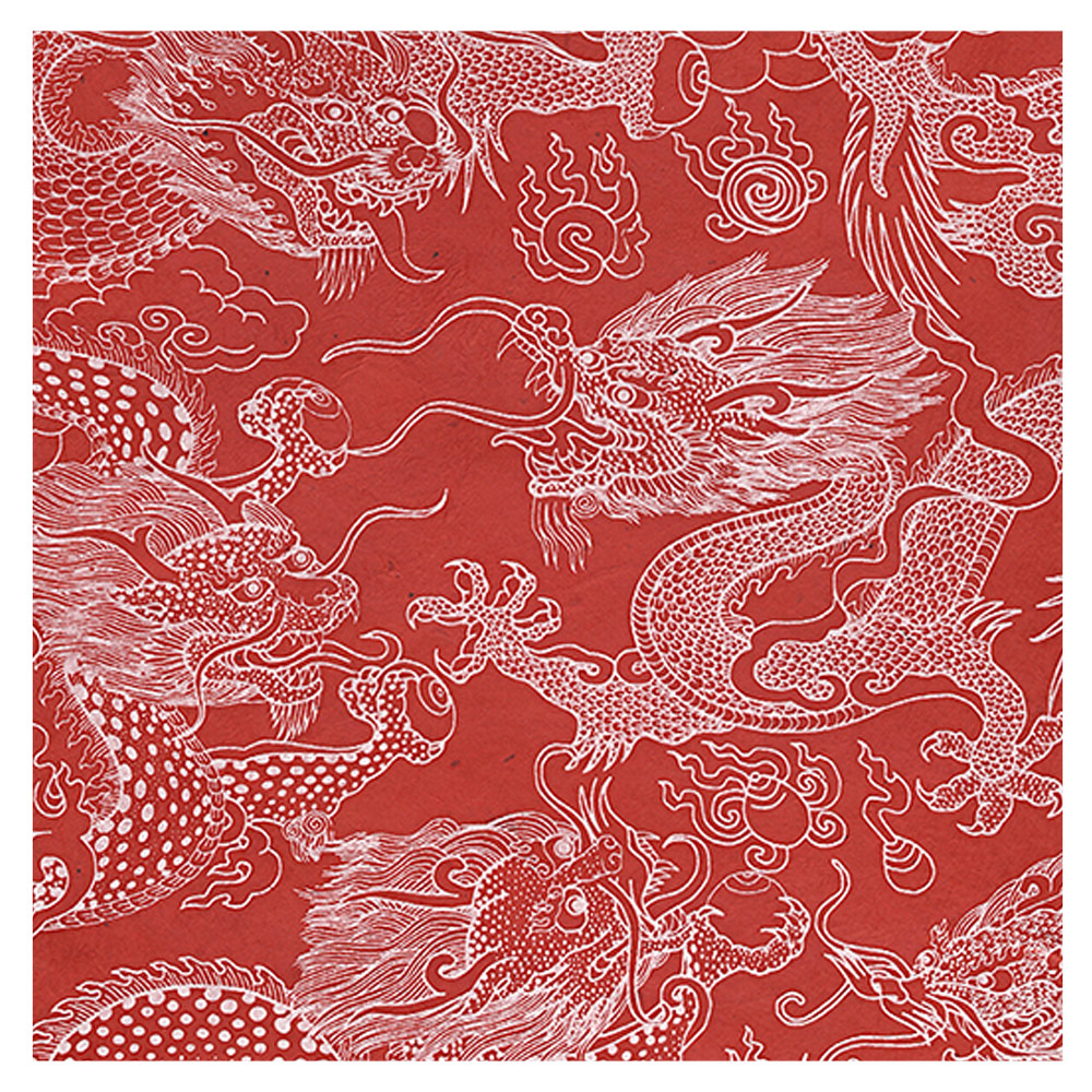 Black Ink Puff Print Dragon Beasts Lokta Paper 29.5"x30" Red/White