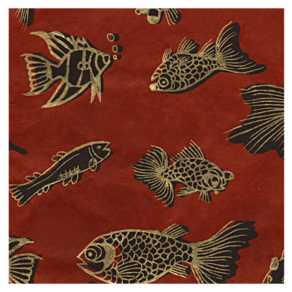 Black Ink Screenprinted Red Sea Lokta Paper 20"x30" Gold/Red/Black
