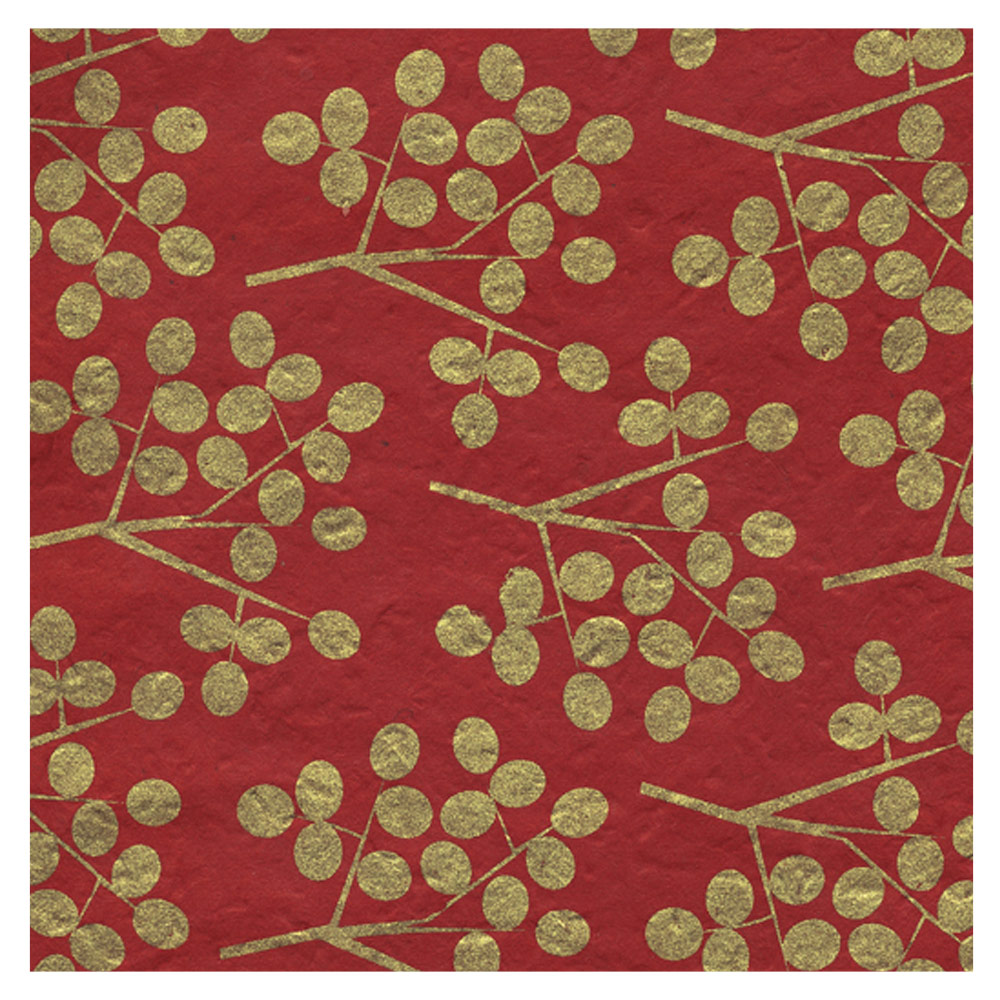 Black Ink Screenprinted Olive Branch Lokta Paper 20"x30" Gold/Red