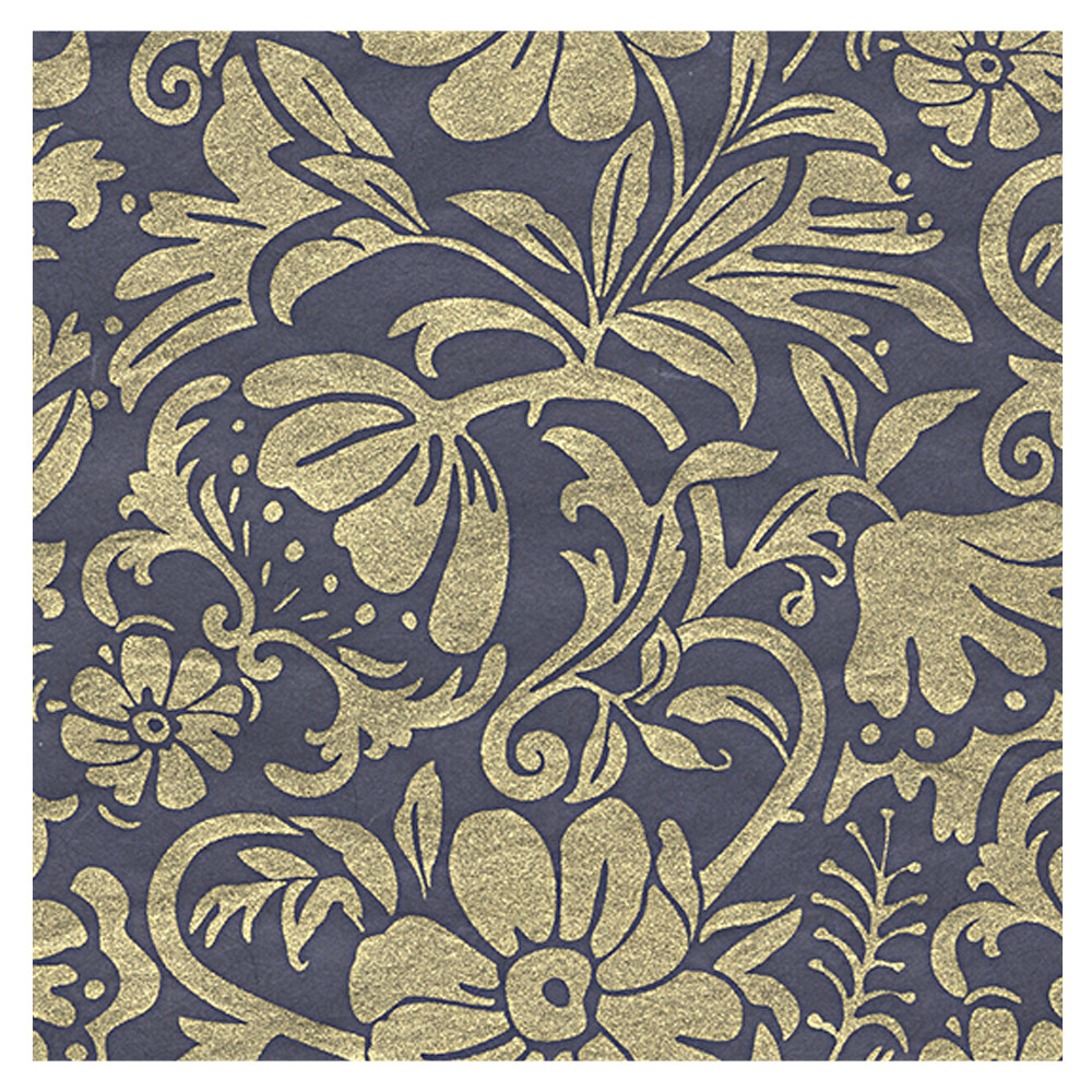 Black Ink Screenprinted Floral Moon Flowers Paper 25"x37" Gold/Blue