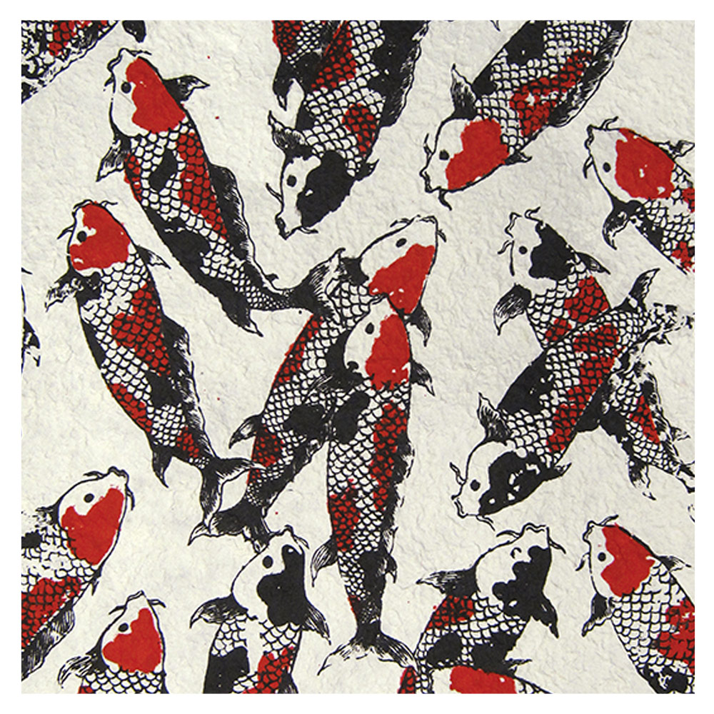 Black Ink Screenprinted Koi Fish Mulberry Paper 21"x31" Black/Red/White