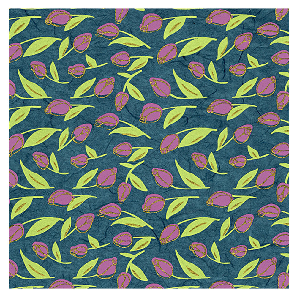 Black Ink Screenprinted Tiny Tulips Unryu Paper 25"x37" Pink/Green/Teal