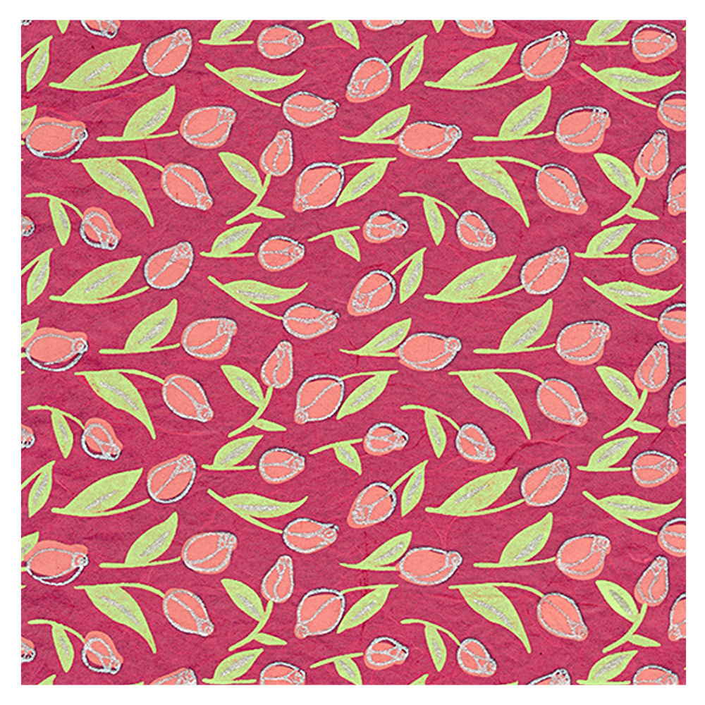 Black Ink Screenprinted Tiny Tulips Unryu Paper 25"x37" Pink/Green/Silver