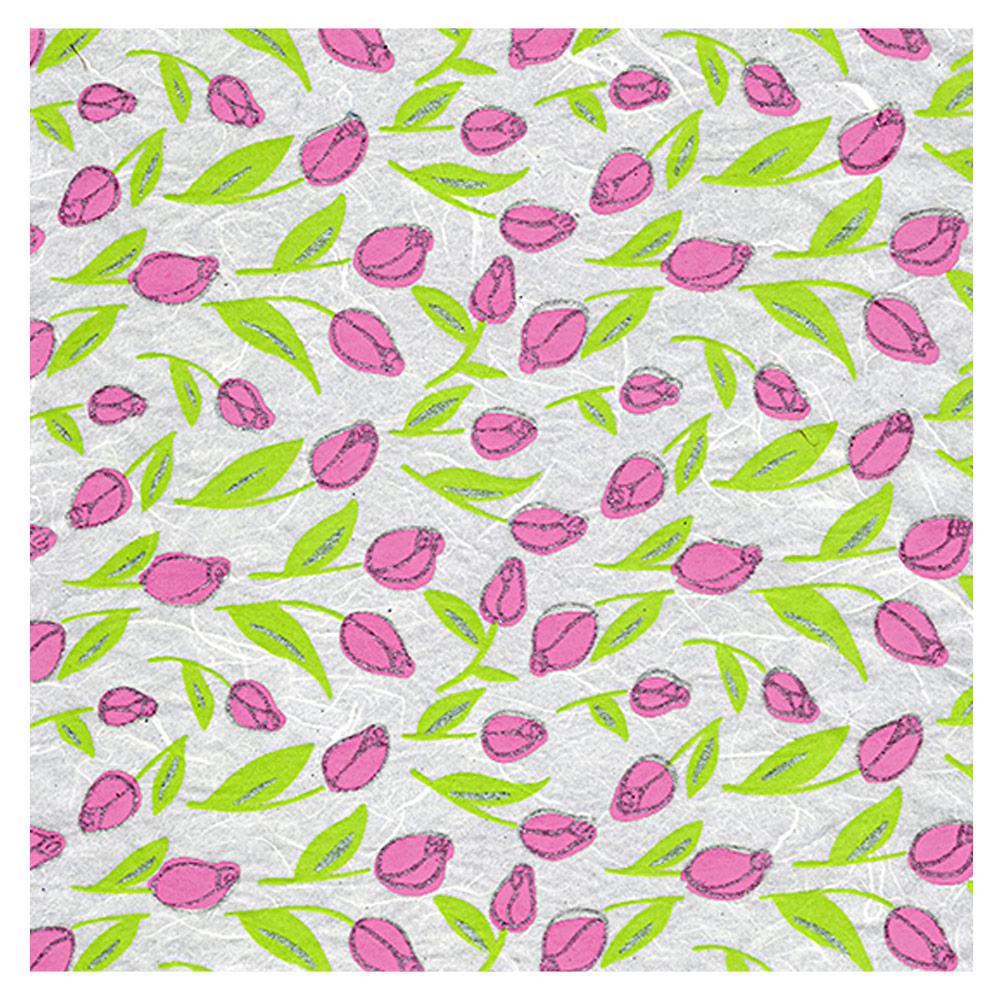 Black Ink Screenprinted Tiny Tulips Unryu Paper 25"x37" Pink/Green/White