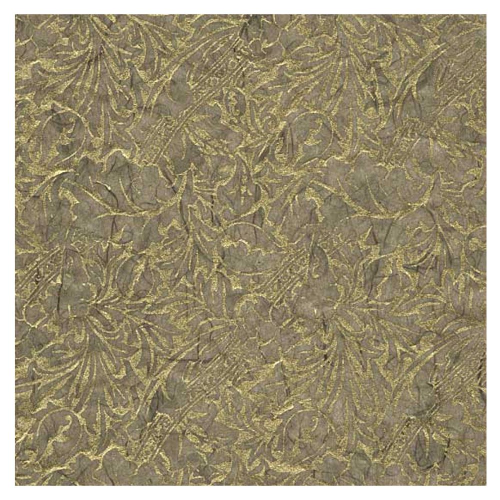 Black Ink Screenprinted Ribbon & Leaves Unryu Paper 25"x37" Gold/Mocha