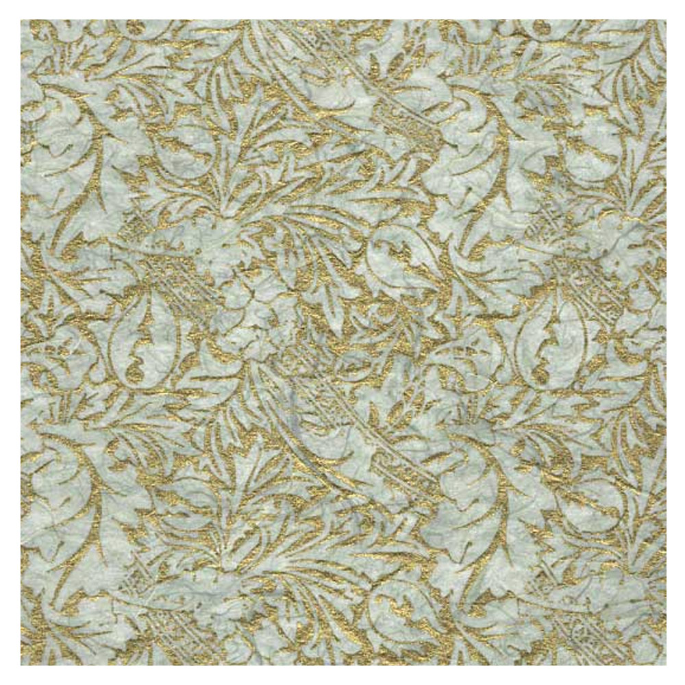 Black Ink Screenprinted Ribbon & Leaves Unryu Paper 25"x37" Gold/Green
