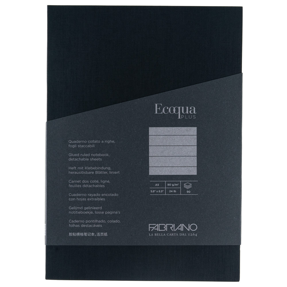 Fabriano A5 Ecoqua Plus Glue-Bound Lined Notebook 90 Pages 5.8"x8.3" Black