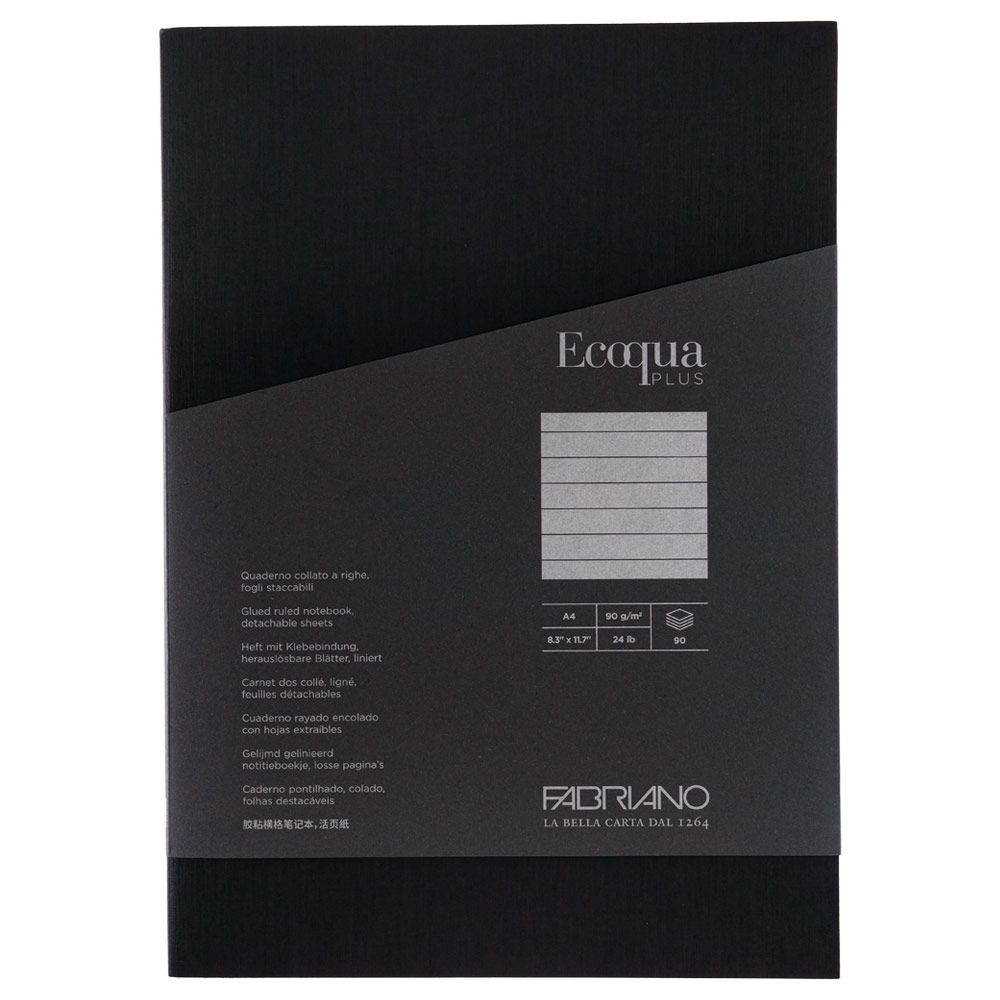 Fabriano A4 Ecoqua Plus Glue-Bound Lined Notebook 90 Pages 8.3"x11.7" Black