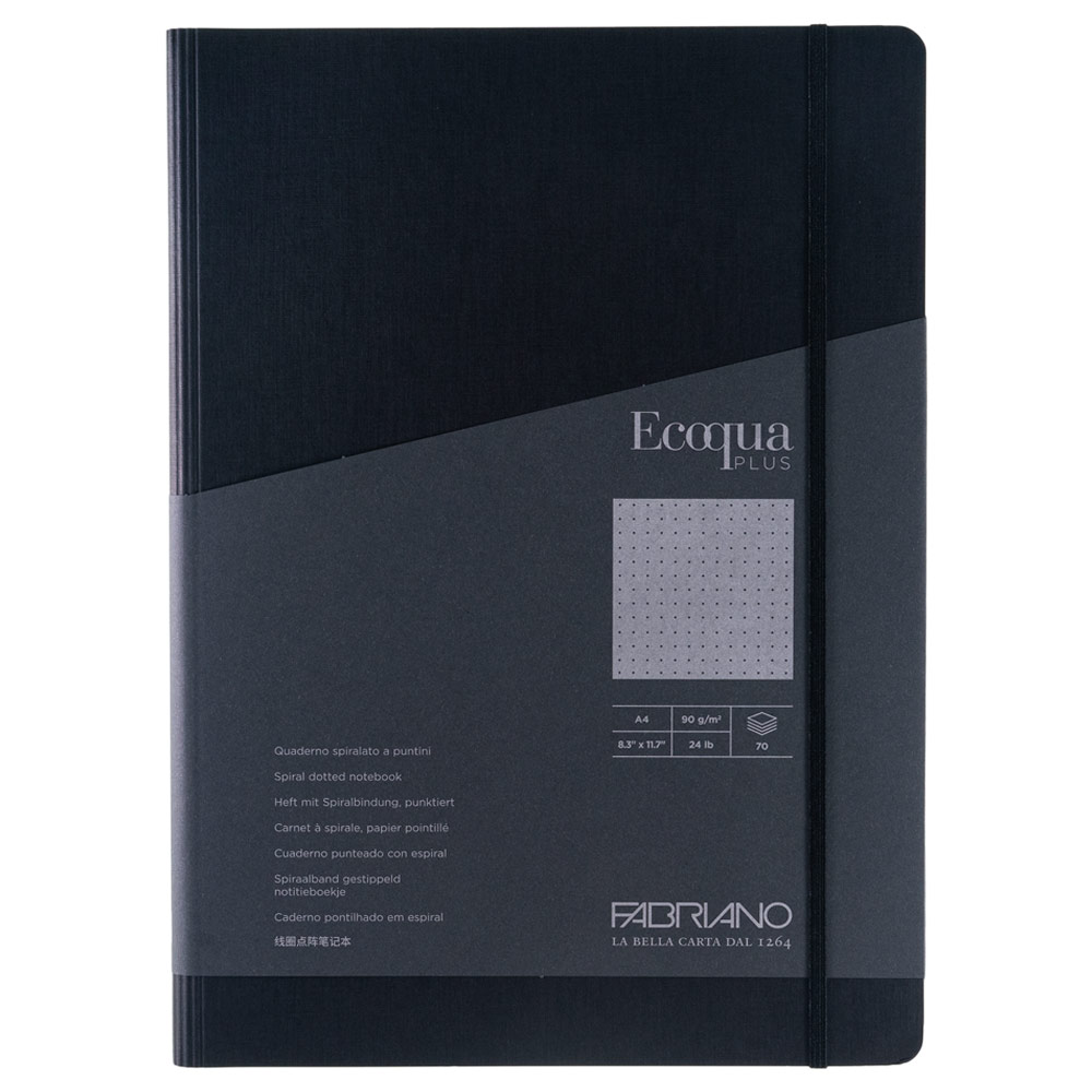 Fabriano A4 Ecoqua Plus Hidden Spiral Dot Notebook 70 Pages 8.3"x11.7" Black