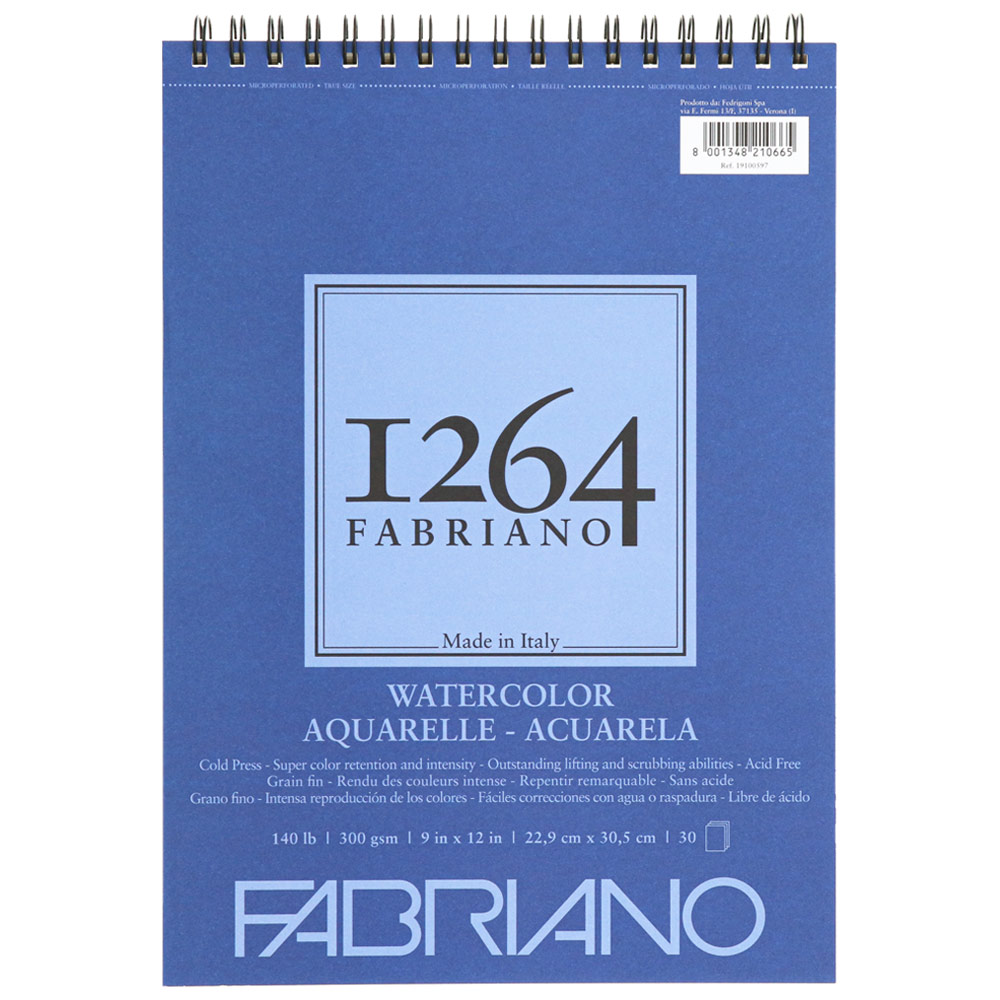 Fabriano 1264 Watercolor Spiral Pad 140lb 30 Sheets 9"x12" Cold Press