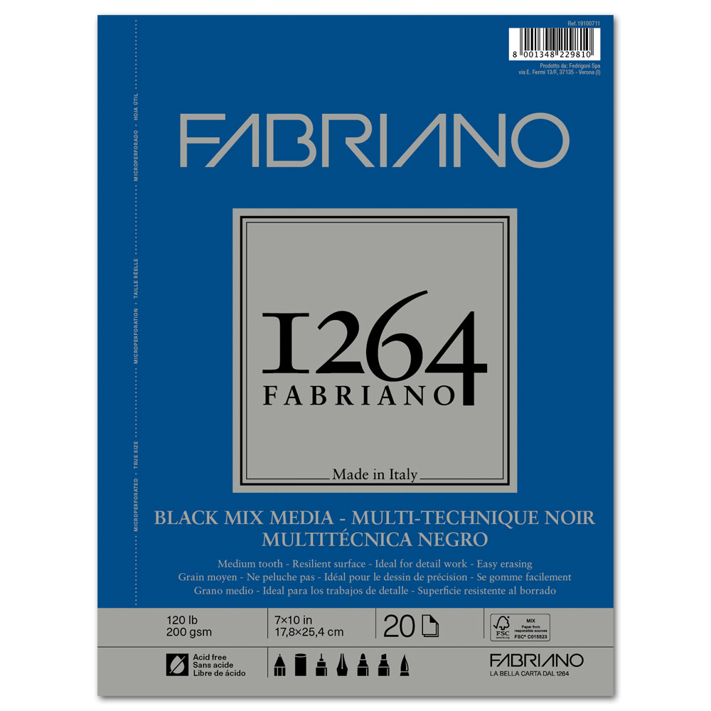 Fabriano 1264 Black Mix Media Paper Pad 120lb 20 Sheets 7"x10"