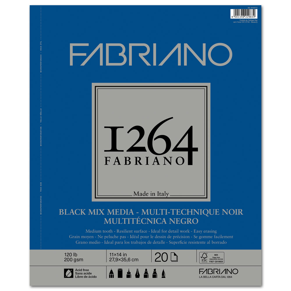 Fabriano 1264 Black Mix Media Paper Pad 120lb 20 Sheets 11"x14"