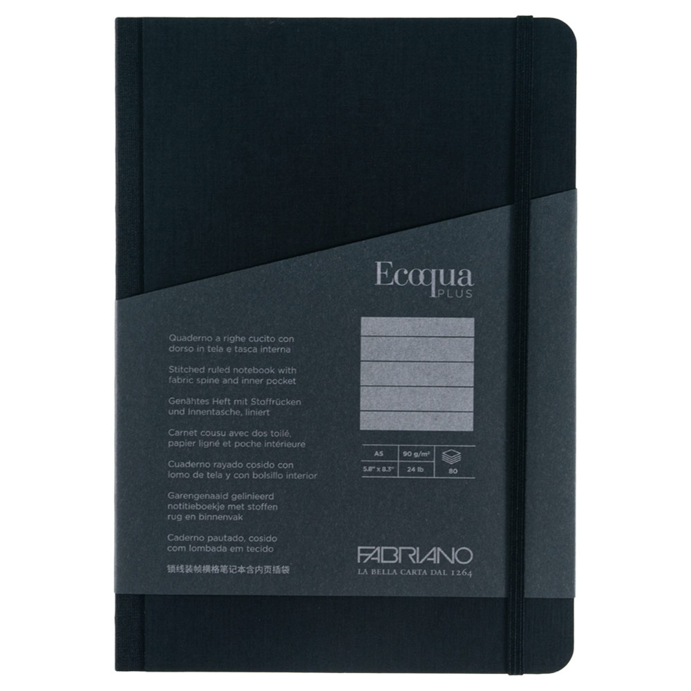 Fabriano Ecoqua Plus Fabric-Bound Lined A5 Notebook 5.8"x8.3" Black
