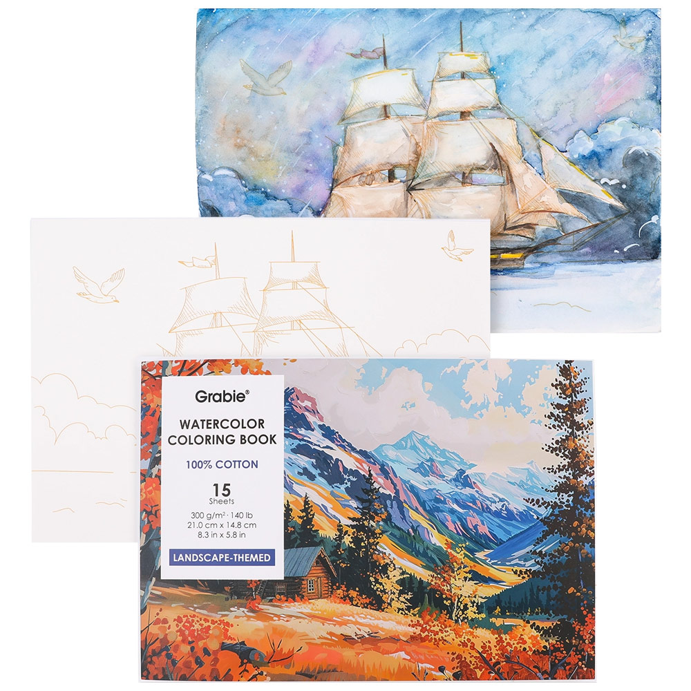 Grabie Watercolor Coloring Book 140lb 15 Sheets 8.3"x5.8" Landscape