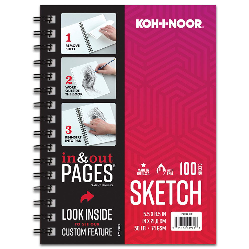 Koh-I-Noor In & Out Pages Sketch Paper Spiral Pad 100 Sheets 5.5"x8.5" White