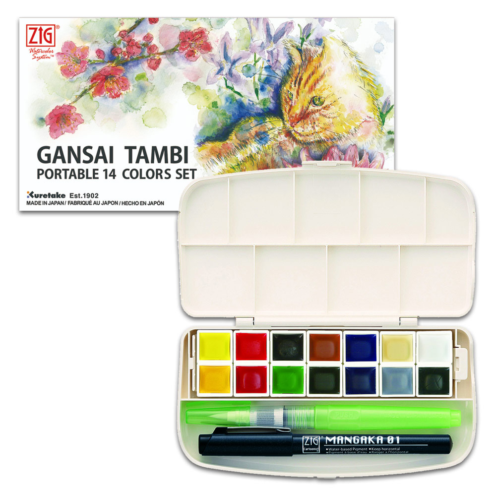  Kuretake GANSAI TAMBI, Portable 14 Colors Set