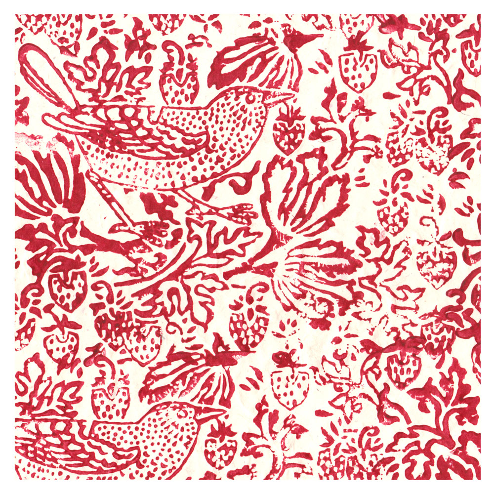 Lamali Thrush & Strawberries Lokta Paper 20"x30" White/Red