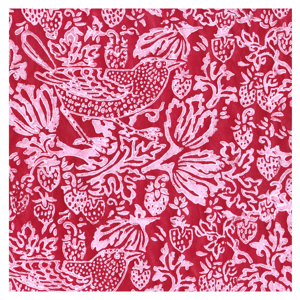Lamali Thrush & Strawberries Lokta Paper 20"x30" Sanguine/White