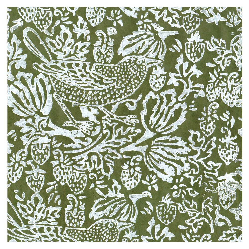 Lamali Thrush & Strawberries Lokta Paper 20"x30" Avocado/White