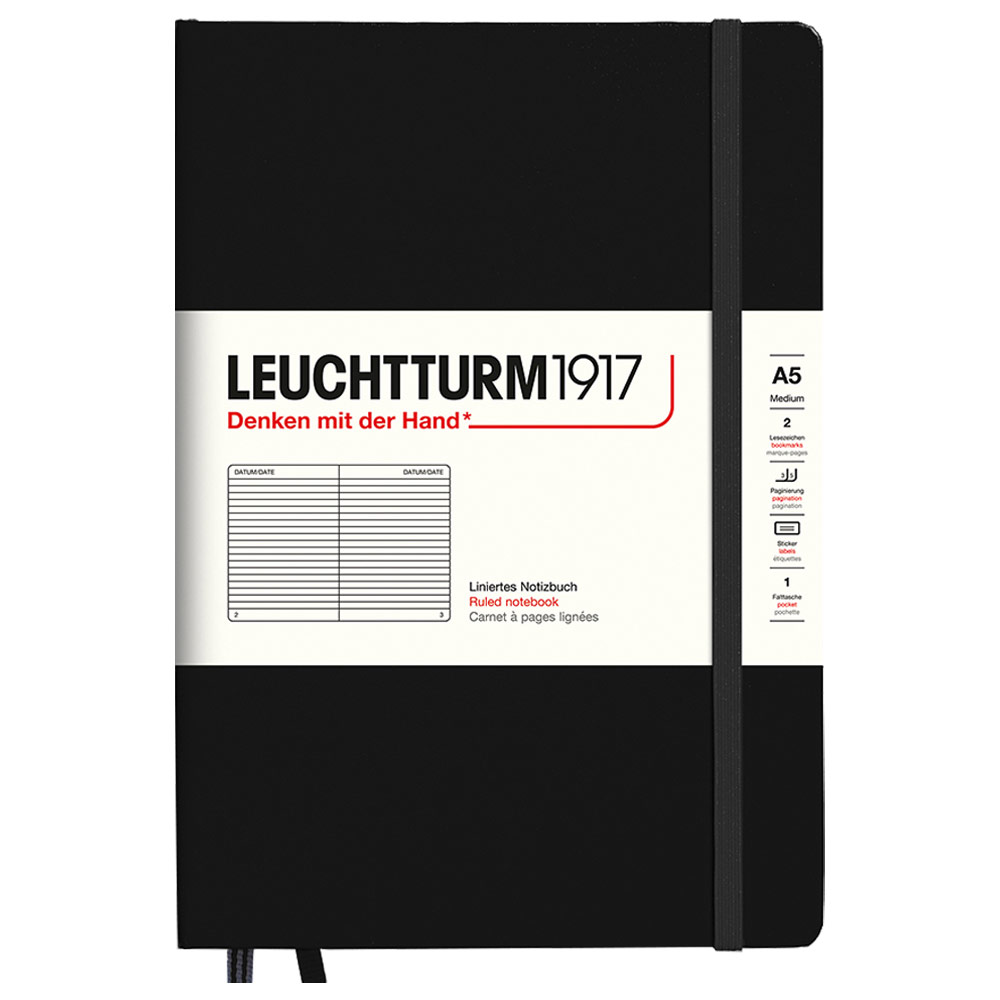 LEUCHTTURM1917 Notebook Medium A5 Hardcover 5-3/4"x8-1/4" Ruled Black