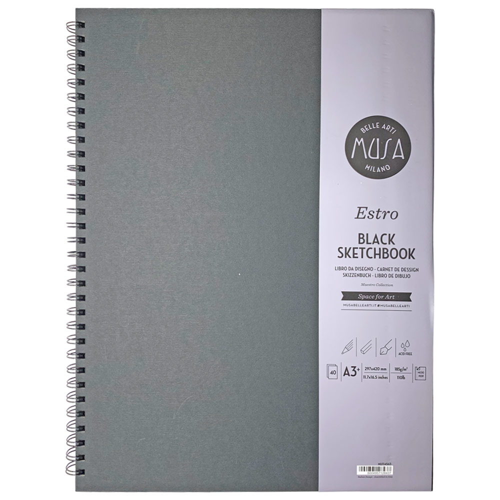 Musa A3 Estro Black Sketchbook Spiral 50 Sheets 11.7"x16.5" Black