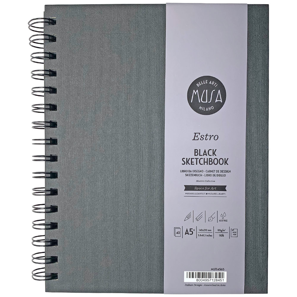 Musa A5 Estro Black Sketchbook Spiral 50 Sheets 5.8"x8.3" Black