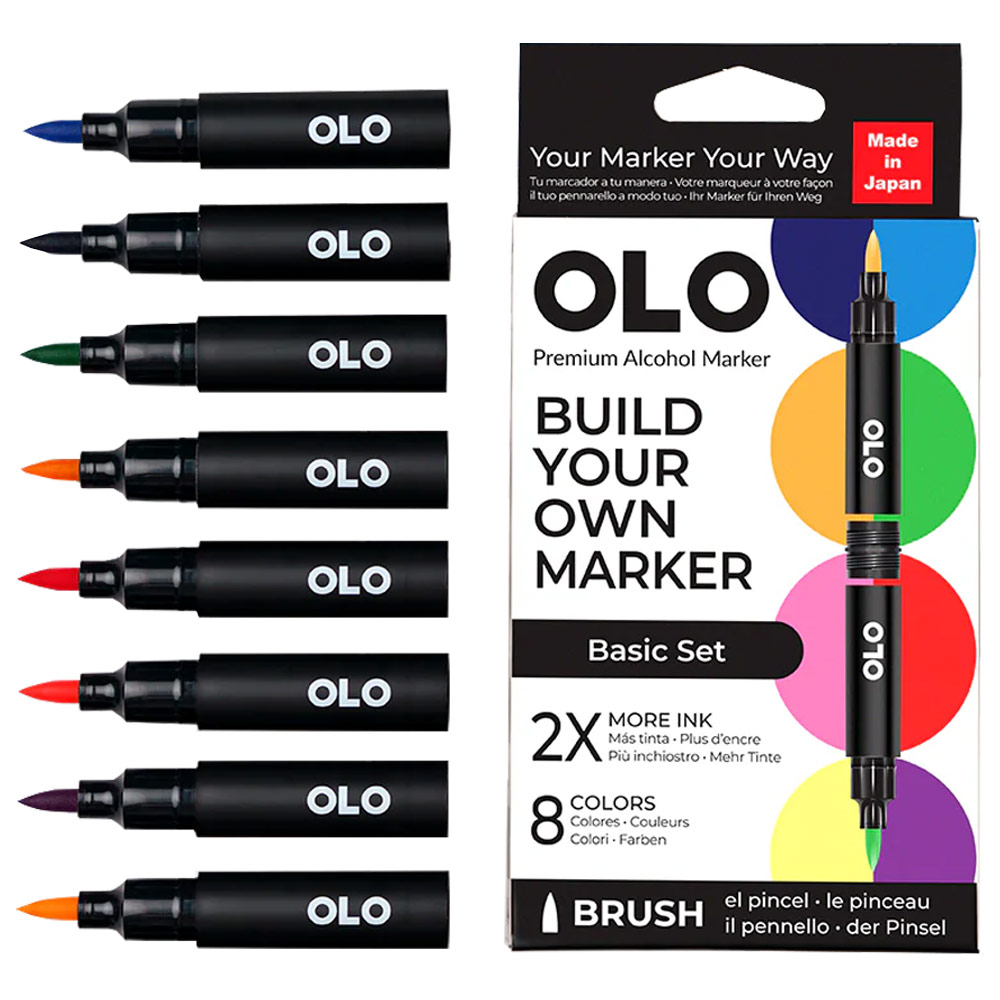 OLO Premium Alcohol Brush Marker 8 Set Basic