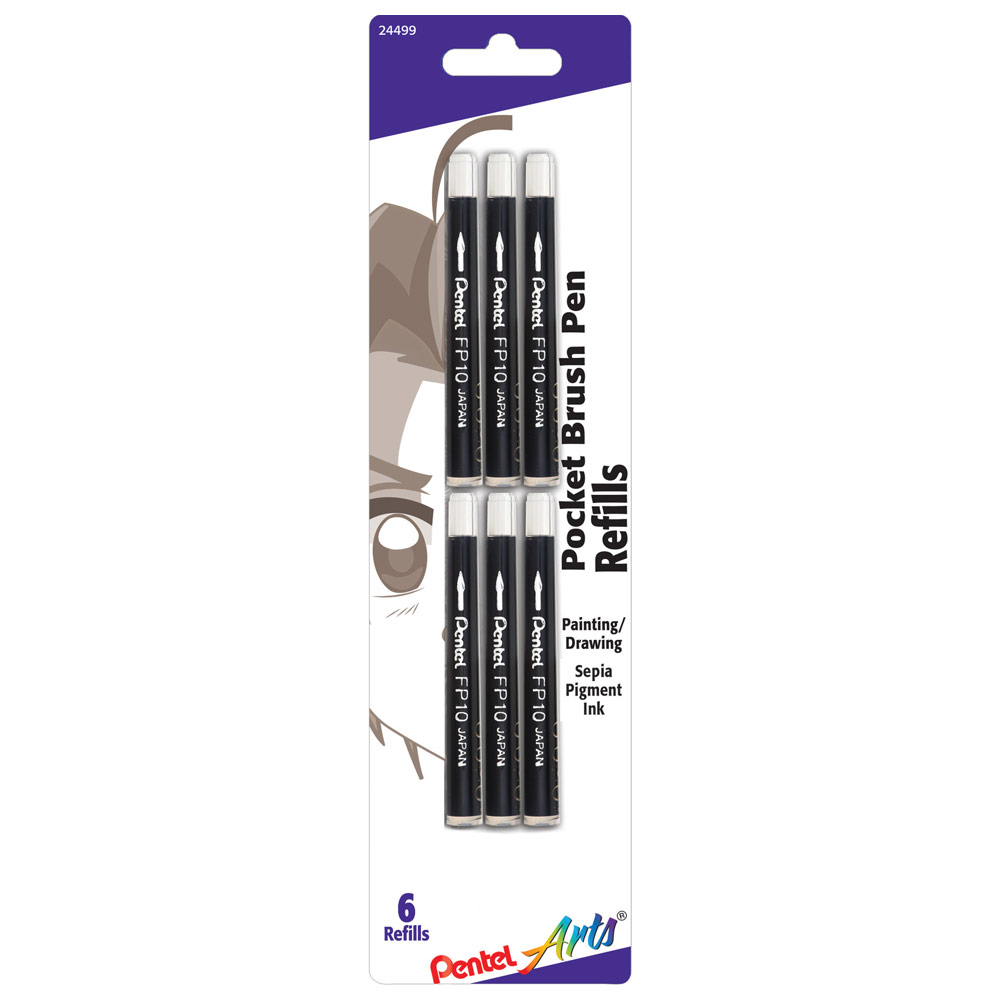 Pentel Arts Pocket Brush Pen Refill 6 Pack Black